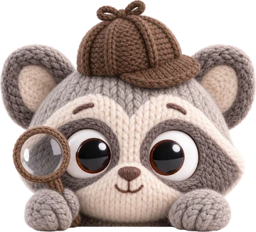 A knitted detective raccoon peeking up with a magnifying glass